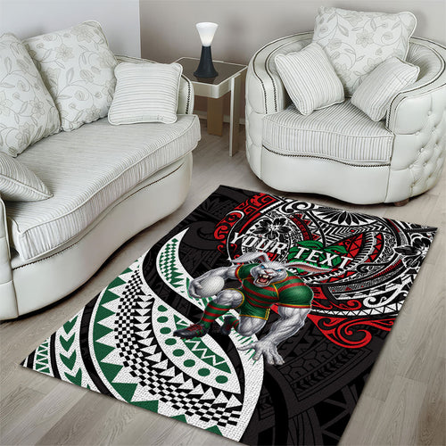 Personalised South Sydney Rabbitohs Area Rug Polynesian Tribal Art Style With Powerful Rabbit Mascot