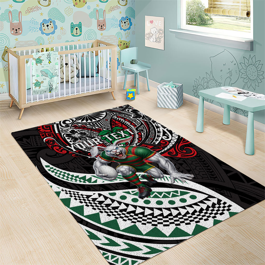 Personalised South Sydney Rabbitohs Area Rug Polynesian Tribal Art Style With Powerful Rabbit Mascot