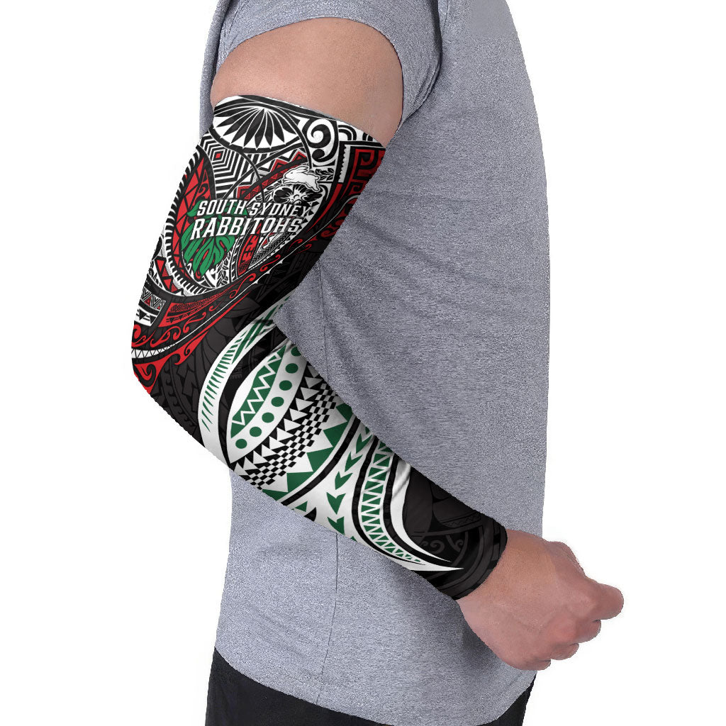 Personalised South Sydney Rabbitohs Arm Sleeves Polynesian Tribal Art Style With Powerful Rabbit Mascot