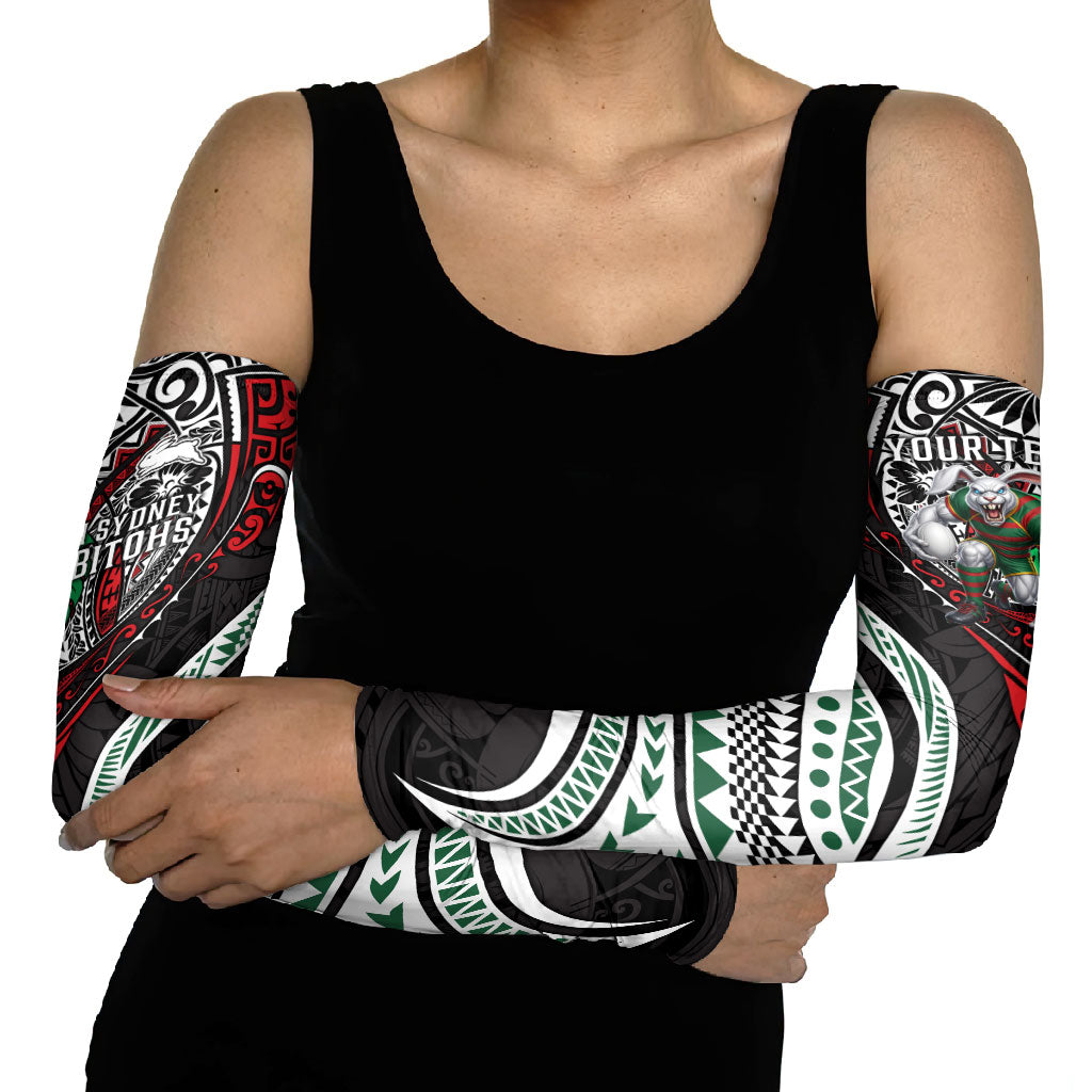 Personalised South Sydney Rabbitohs Arm Sleeves Polynesian Tribal Art Style With Powerful Rabbit Mascot