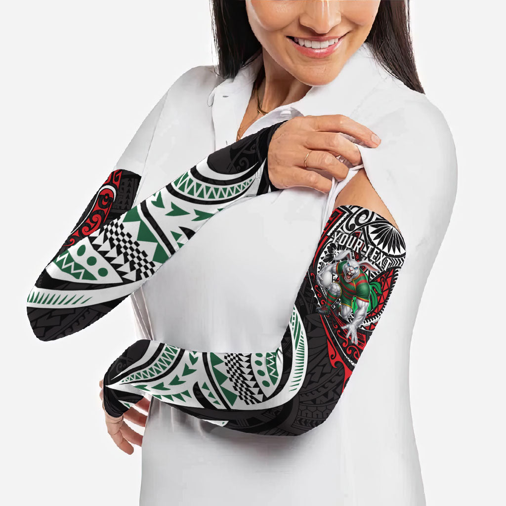 Personalised South Sydney Rabbitohs Arm Sleeves Polynesian Tribal Art Style With Powerful Rabbit Mascot