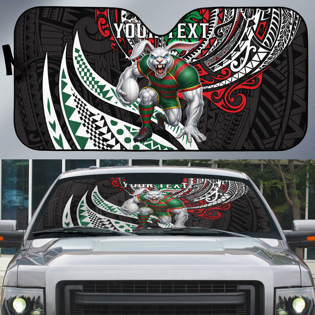 Personalised South Sydney Rabbitohs Auto Sun Shade Polynesian Tribal Art Style With Powerful Rabbit Mascot