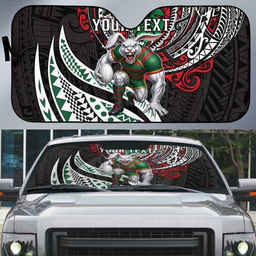 Personalised South Sydney Rabbitohs Auto Sun Shade Polynesian Tribal Art Style With Powerful Rabbit Mascot