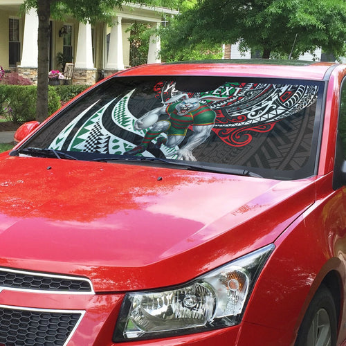 Personalised South Sydney Rabbitohs Auto Sun Shade Polynesian Tribal Art Style With Powerful Rabbit Mascot