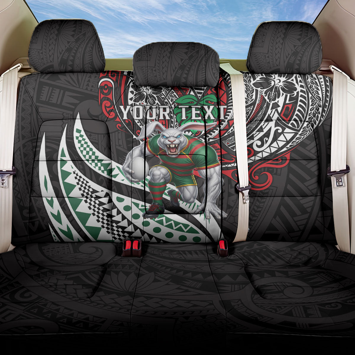 Personalised South Sydney Rabbitohs Back Car Seat Cover Polynesian Tribal Art Style With Powerful Rabbit Mascot