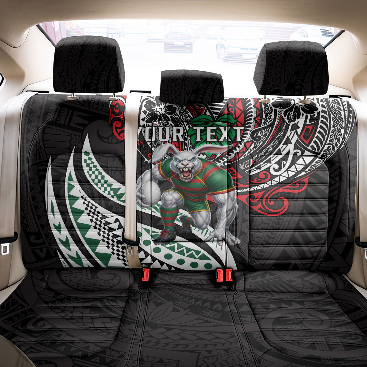 Personalised South Sydney Rabbitohs Back Car Seat Cover Polynesian Tribal Art Style With Powerful Rabbit Mascot