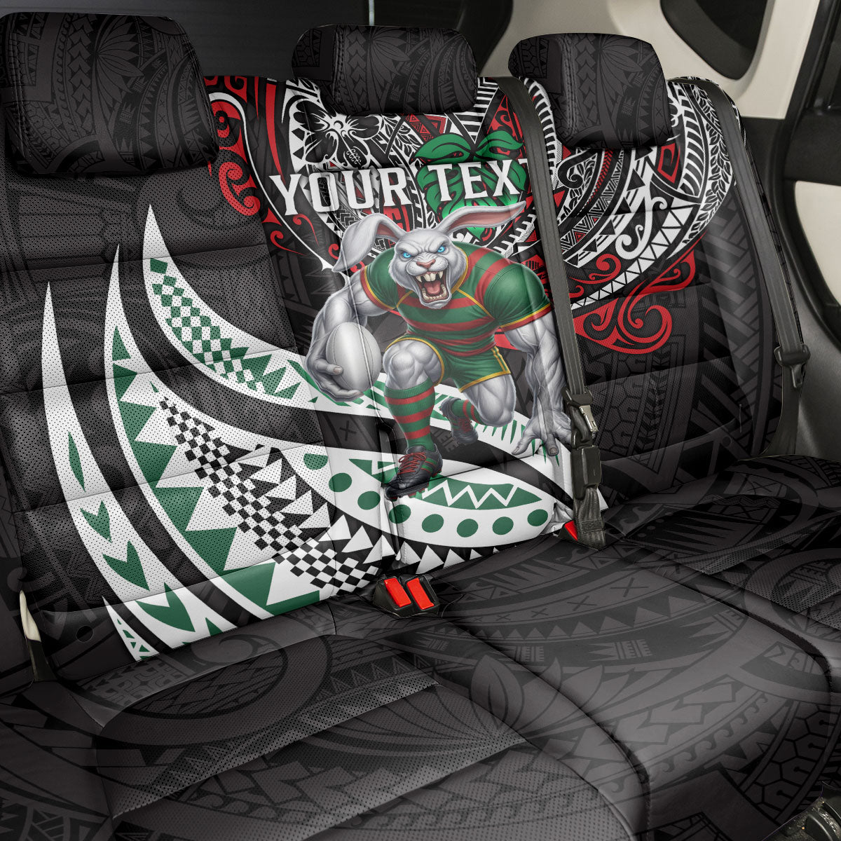 Personalised South Sydney Rabbitohs Back Car Seat Cover Polynesian Tribal Art Style With Powerful Rabbit Mascot