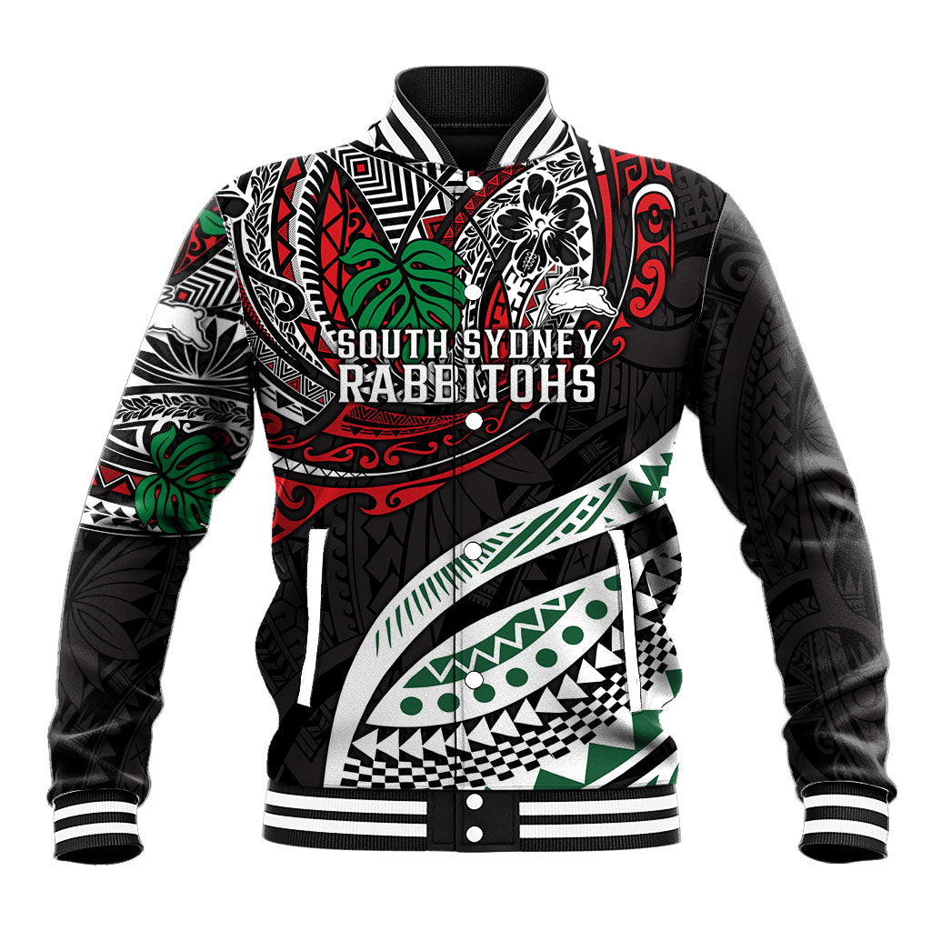 Personalised South Sydney Rabbitohs Baseball Jacket Polynesian Tribal Art Style With Powerful Rabbit Mascot