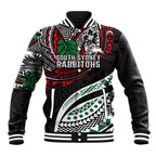 Personalised South Sydney Rabbitohs Baseball Jacket Polynesian Tribal Art Style With Powerful Rabbit Mascot