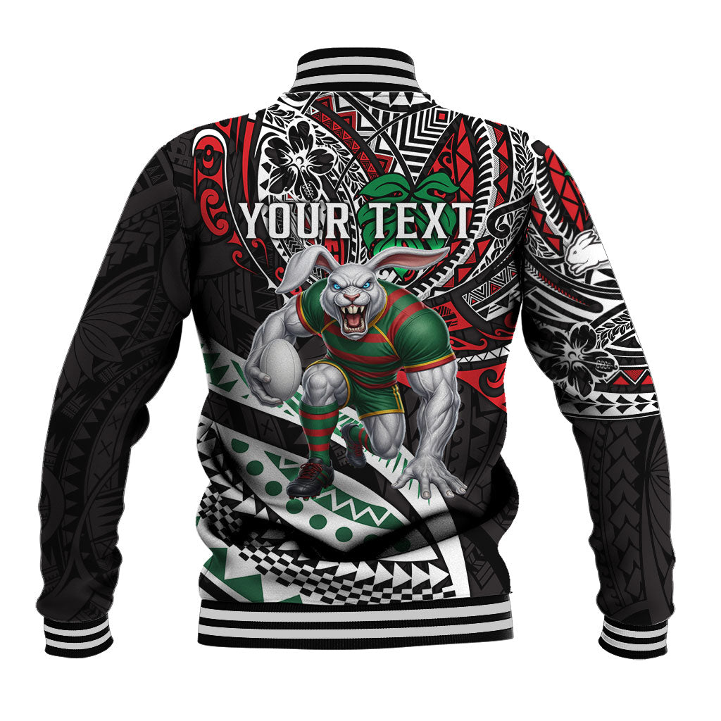 Personalised South Sydney Rabbitohs Baseball Jacket Polynesian Tribal Art Style With Powerful Rabbit Mascot