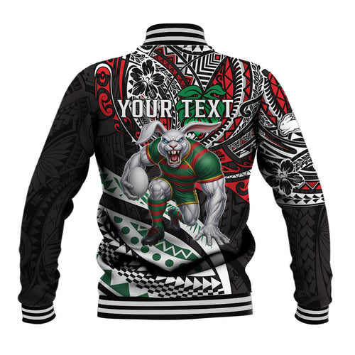Personalised South Sydney Rabbitohs Baseball Jacket Polynesian Tribal Art Style With Powerful Rabbit Mascot