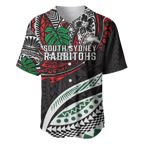 Personalised South Sydney Rabbitohs Baseball Jersey Polynesian Tribal Art Style With Powerful Rabbit Mascot