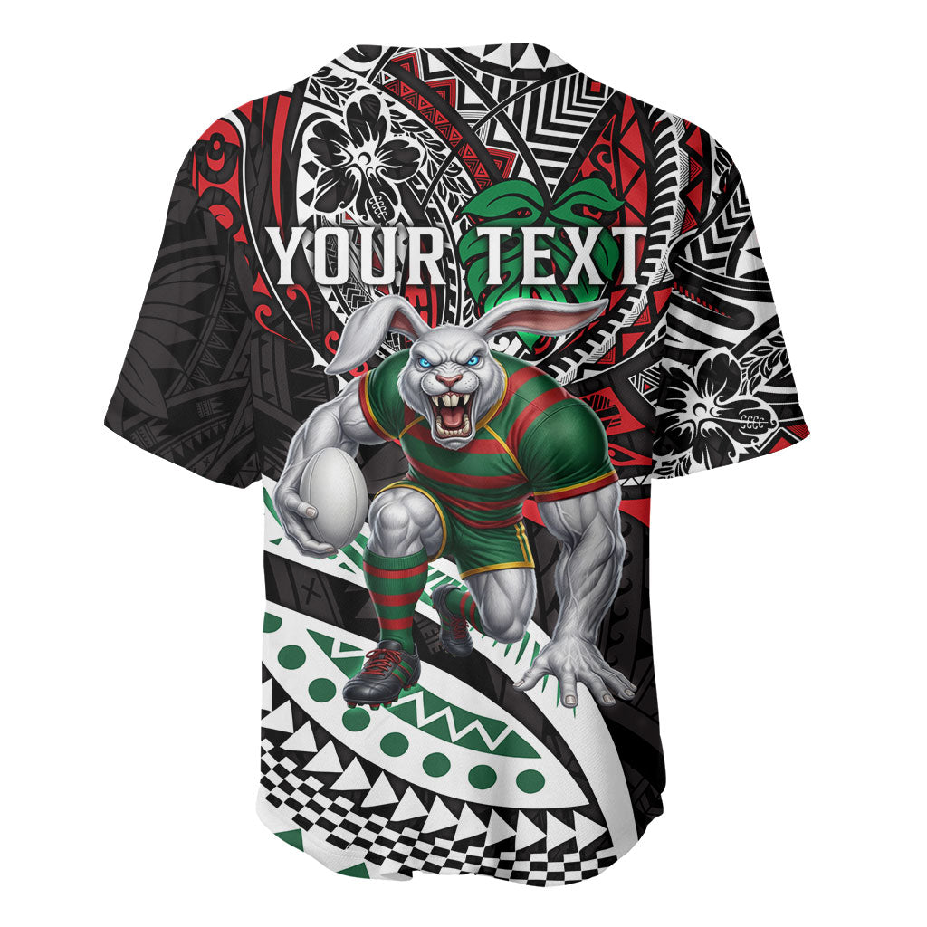 Personalised South Sydney Rabbitohs Baseball Jersey Polynesian Tribal Art Style With Powerful Rabbit Mascot