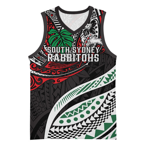 Personalised South Sydney Rabbitohs Basketball Jersey Polynesian Tribal Art Style With Powerful Rabbit Mascot