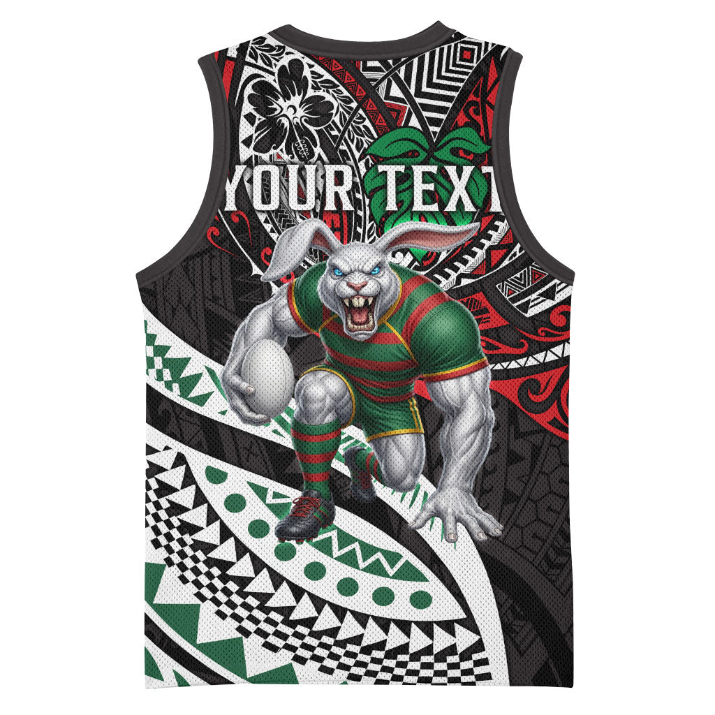 Personalised South Sydney Rabbitohs Basketball Jersey Polynesian Tribal Art Style With Powerful Rabbit Mascot