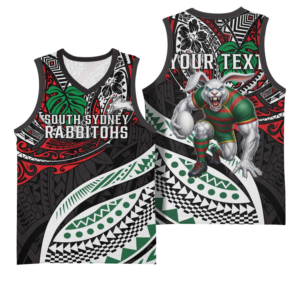 Personalised South Sydney Rabbitohs Basketball Jersey Polynesian Tribal Art Style With Powerful Rabbit Mascot