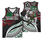Personalised South Sydney Rabbitohs Basketball Jersey Polynesian Tribal Art Style With Powerful Rabbit Mascot