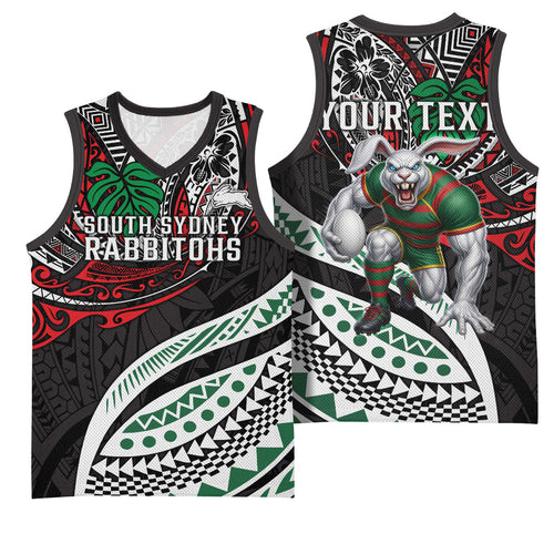 Personalised South Sydney Rabbitohs Basketball Jersey Polynesian Tribal Art Style With Powerful Rabbit Mascot