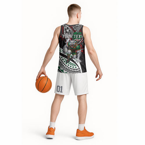 Personalised South Sydney Rabbitohs Basketball Jersey Polynesian Tribal Art Style With Powerful Rabbit Mascot