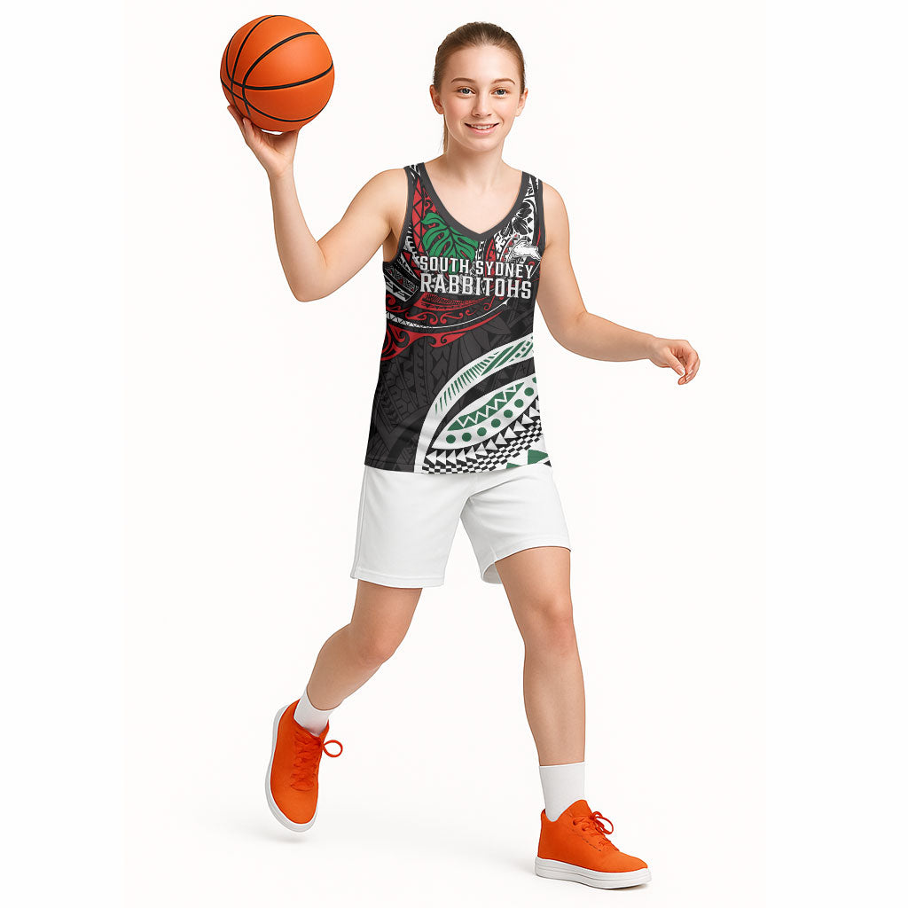Personalised South Sydney Rabbitohs Basketball Jersey Polynesian Tribal Art Style With Powerful Rabbit Mascot