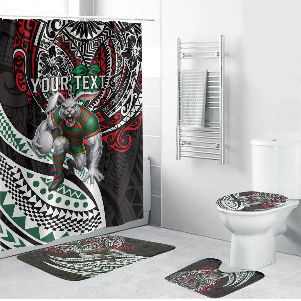Personalised South Sydney Rabbitohs Bathroom Set Polynesian Tribal Art Style With Powerful Rabbit Mascot
