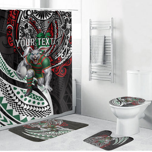 Personalised South Sydney Rabbitohs Bathroom Set Polynesian Tribal Art Style With Powerful Rabbit Mascot