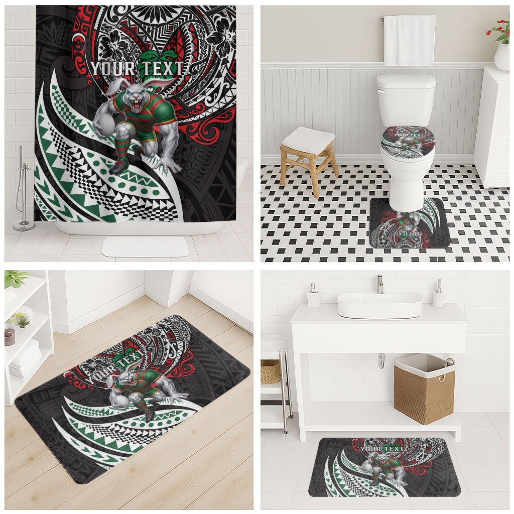 Personalised South Sydney Rabbitohs Bathroom Set Polynesian Tribal Art Style With Powerful Rabbit Mascot