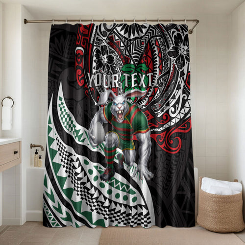 Personalised South Sydney Rabbitohs Bathroom Set Polynesian Tribal Art Style With Powerful Rabbit Mascot
