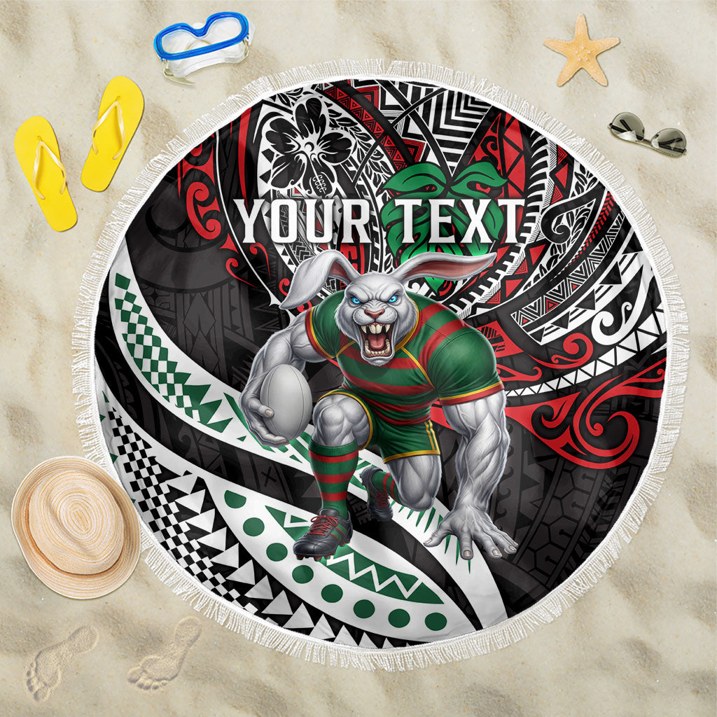 Personalised South Sydney Rabbitohs Beach Blanket Polynesian Tribal Art Style With Powerful Rabbit Mascot