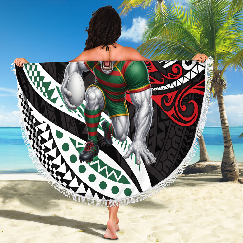 Personalised South Sydney Rabbitohs Beach Blanket Polynesian Tribal Art Style With Powerful Rabbit Mascot