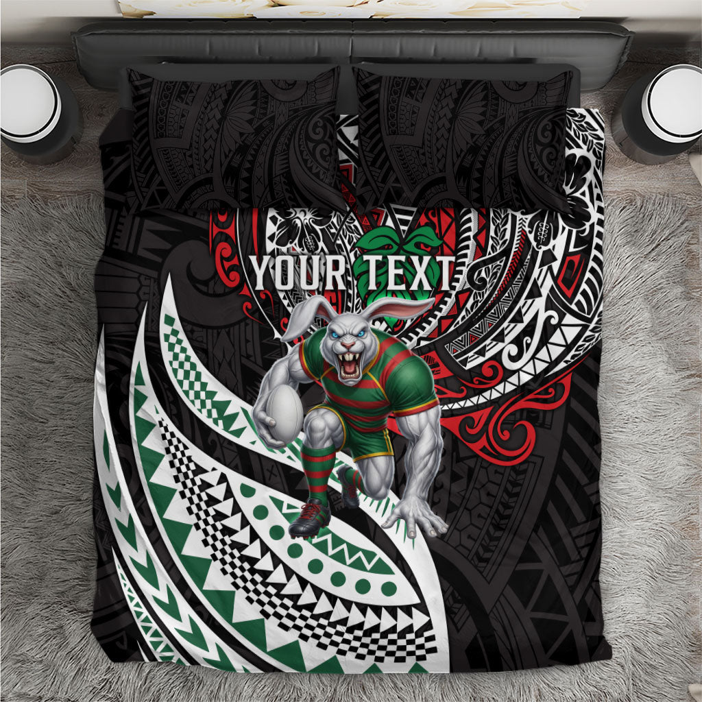 Personalised South Sydney Rabbitohs Bedding Set Polynesian Tribal Art Style With Powerful Rabbit Mascot