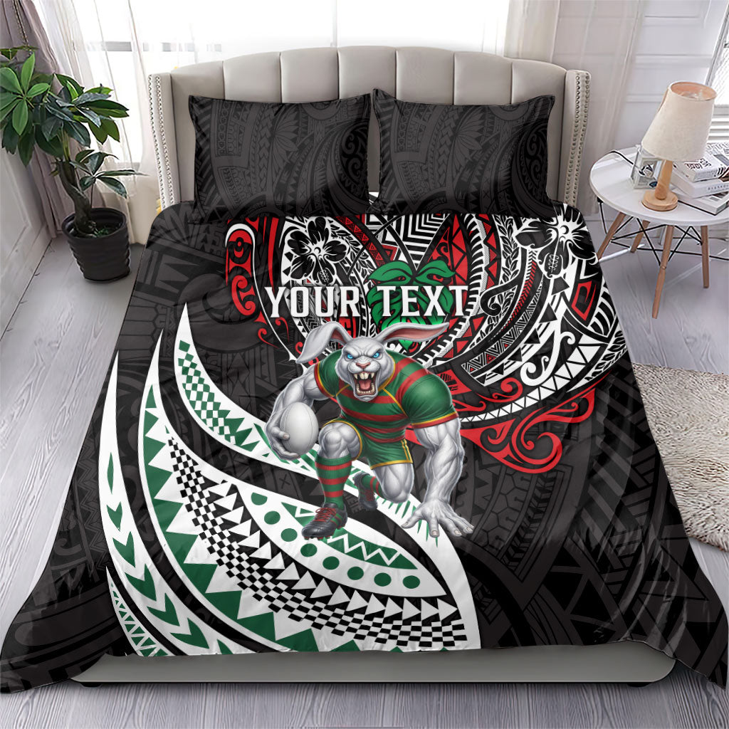 Personalised South Sydney Rabbitohs Bedding Set Polynesian Tribal Art Style With Powerful Rabbit Mascot