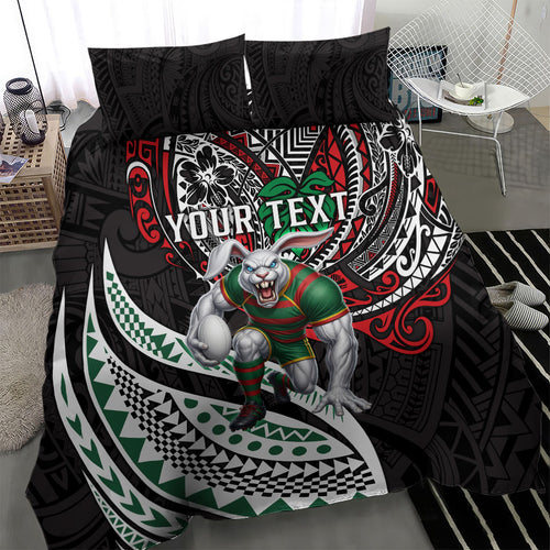 Personalised South Sydney Rabbitohs Bedding Set Polynesian Tribal Art Style With Powerful Rabbit Mascot