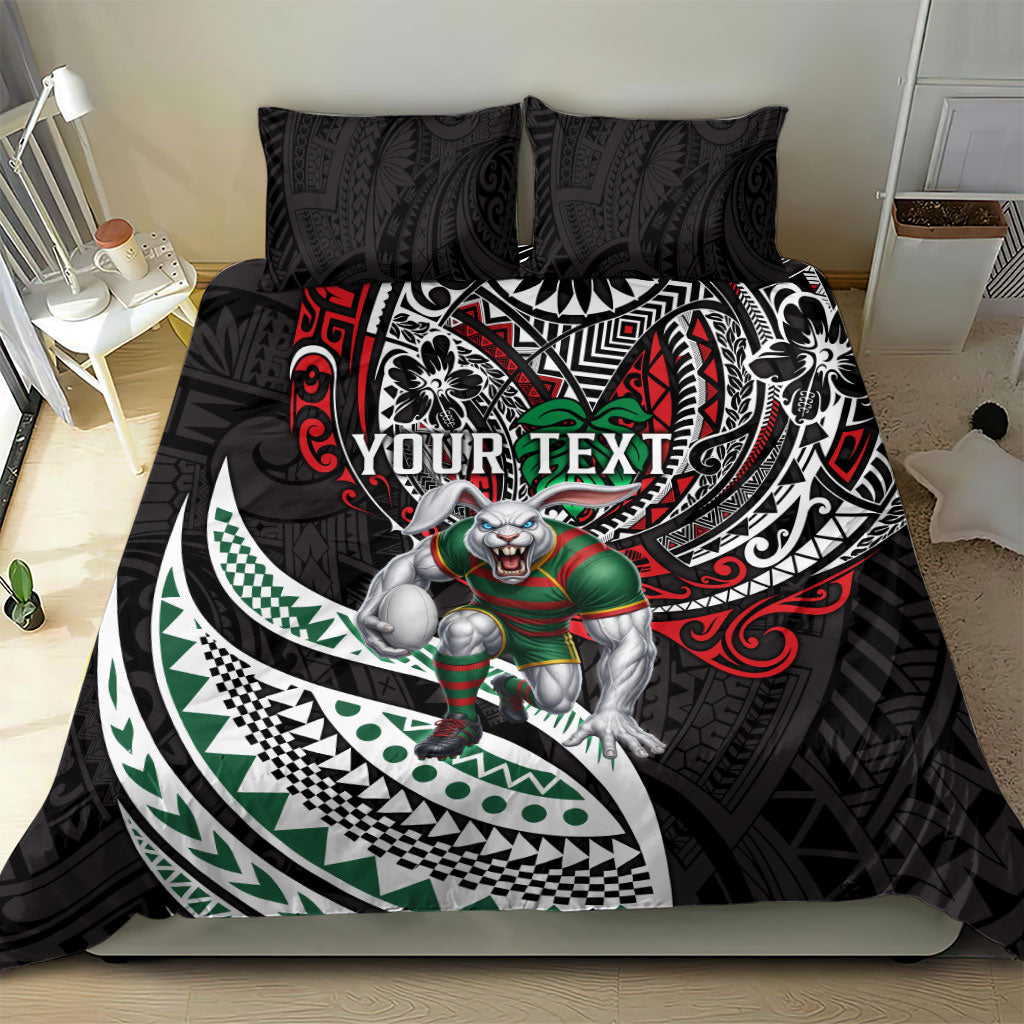 Personalised South Sydney Rabbitohs Bedding Set Polynesian Tribal Art Style With Powerful Rabbit Mascot