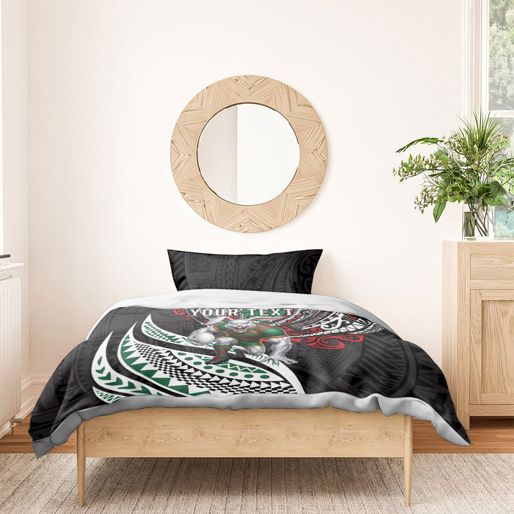 Personalised South Sydney Rabbitohs Bedding Set Polynesian Tribal Art Style With Powerful Rabbit Mascot