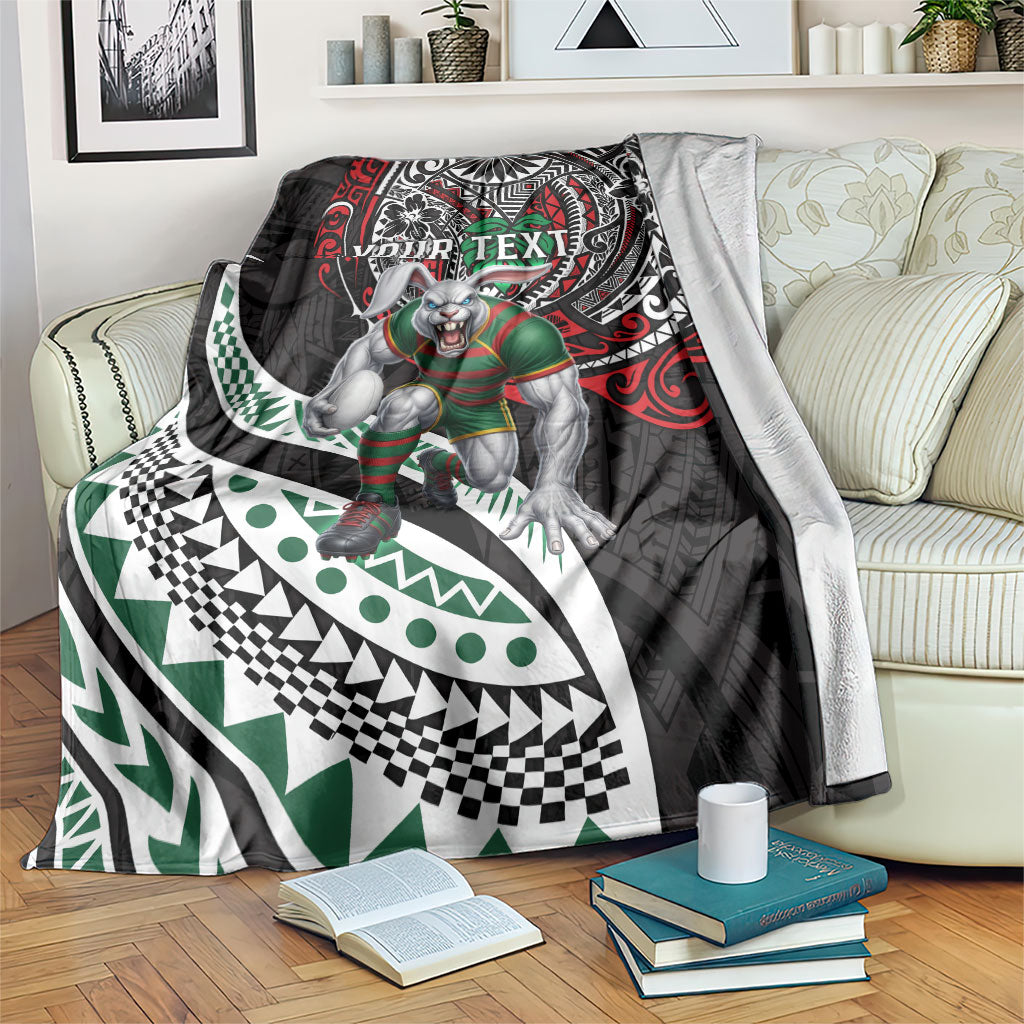 Personalised South Sydney Rabbitohs Blanket Polynesian Tribal Art Style With Powerful Rabbit Mascot