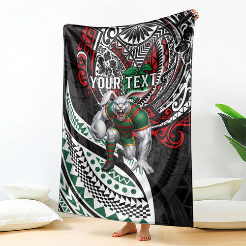Personalised South Sydney Rabbitohs Blanket Polynesian Tribal Art Style With Powerful Rabbit Mascot