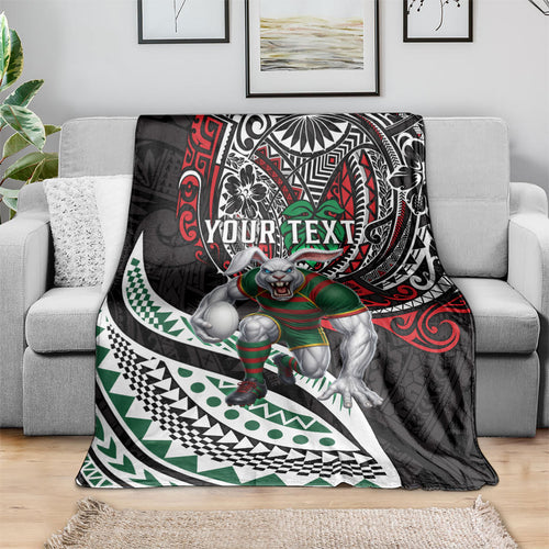 Personalised South Sydney Rabbitohs Blanket Polynesian Tribal Art Style With Powerful Rabbit Mascot