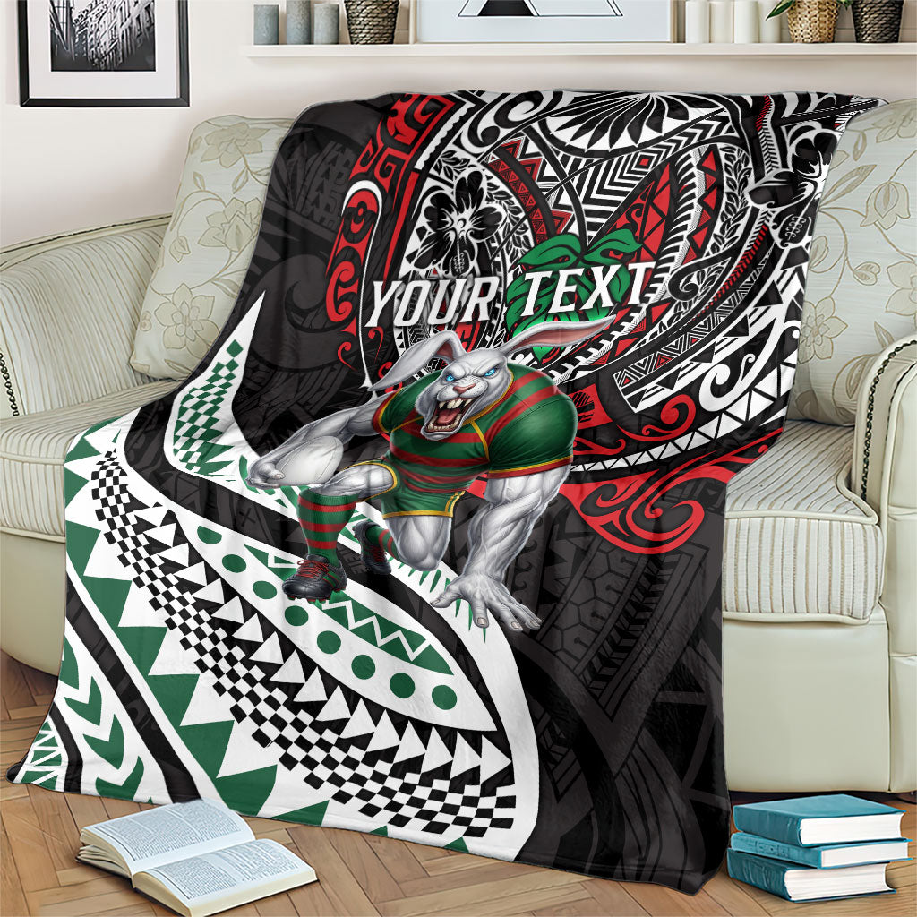 Personalised South Sydney Rabbitohs Blanket Polynesian Tribal Art Style With Powerful Rabbit Mascot