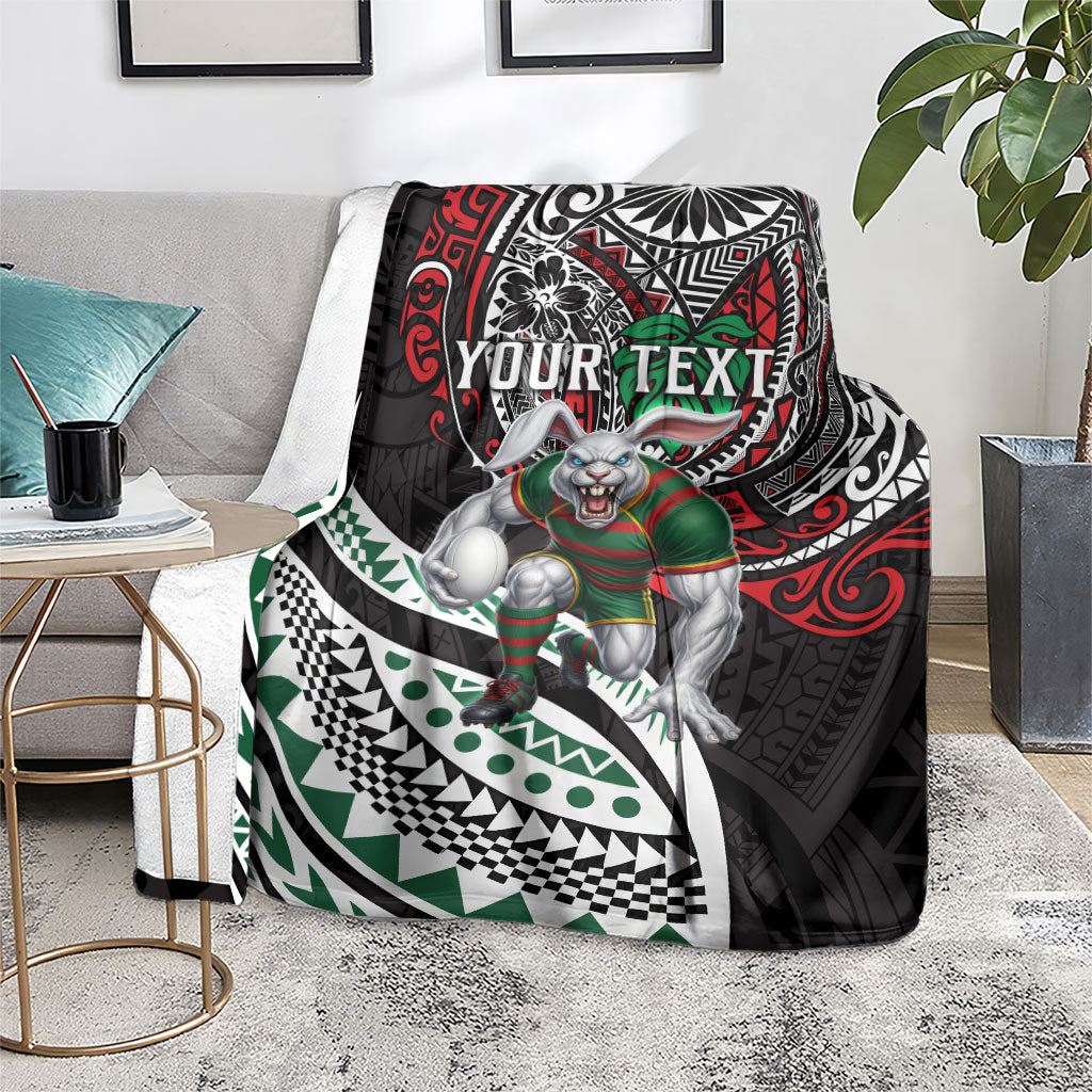 Personalised South Sydney Rabbitohs Blanket Polynesian Tribal Art Style With Powerful Rabbit Mascot
