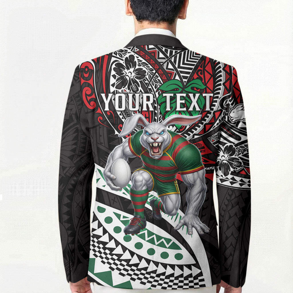 Personalised South Sydney Rabbitohs Blazer Polynesian Tribal Art Style With Powerful Rabbit Mascot