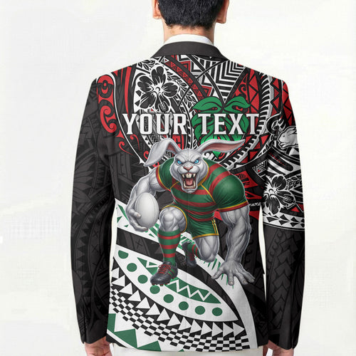 Personalised South Sydney Rabbitohs Blazer Polynesian Tribal Art Style With Powerful Rabbit Mascot