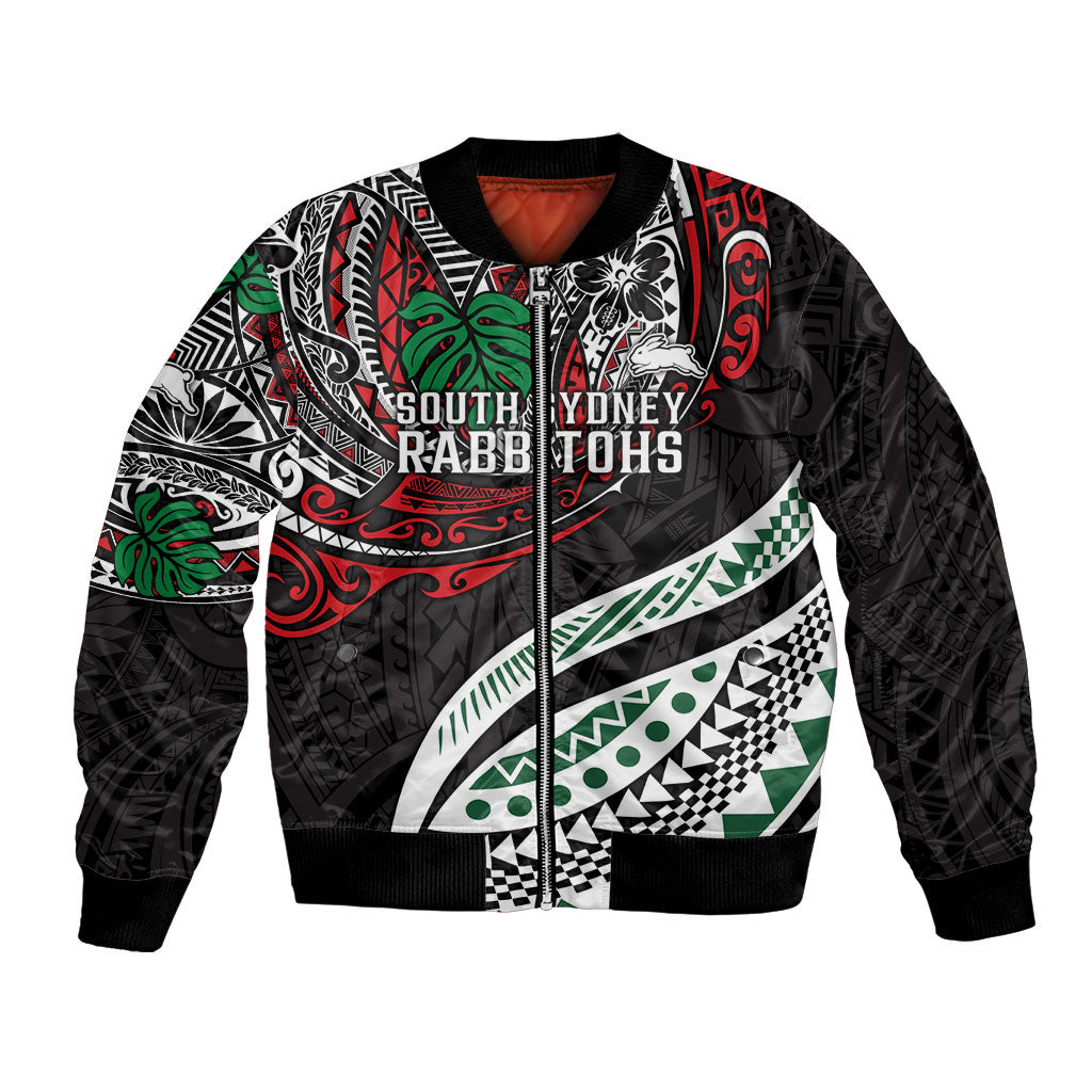 Personalised South Sydney Rabbitohs Bomber Jacket Polynesian Tribal Art Style With Powerful Rabbit Mascot