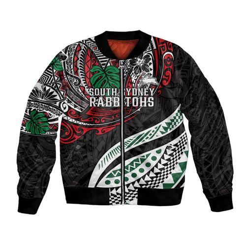 Personalised South Sydney Rabbitohs Bomber Jacket Polynesian Tribal Art Style With Powerful Rabbit Mascot