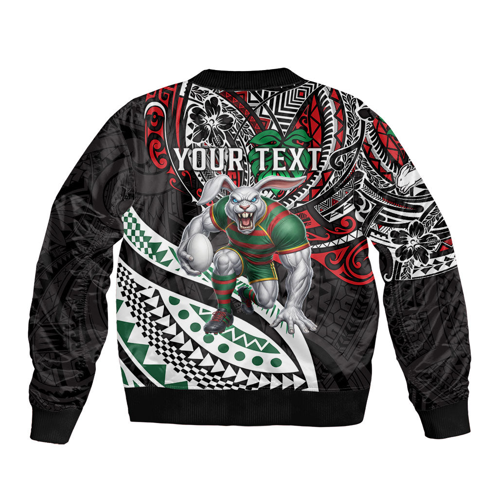 Personalised South Sydney Rabbitohs Bomber Jacket Polynesian Tribal Art Style With Powerful Rabbit Mascot