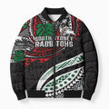 Personalised South Sydney Rabbitohs Bomber Puffer Jacket Polynesian Tribal Art Style With Powerful Rabbit Mascot