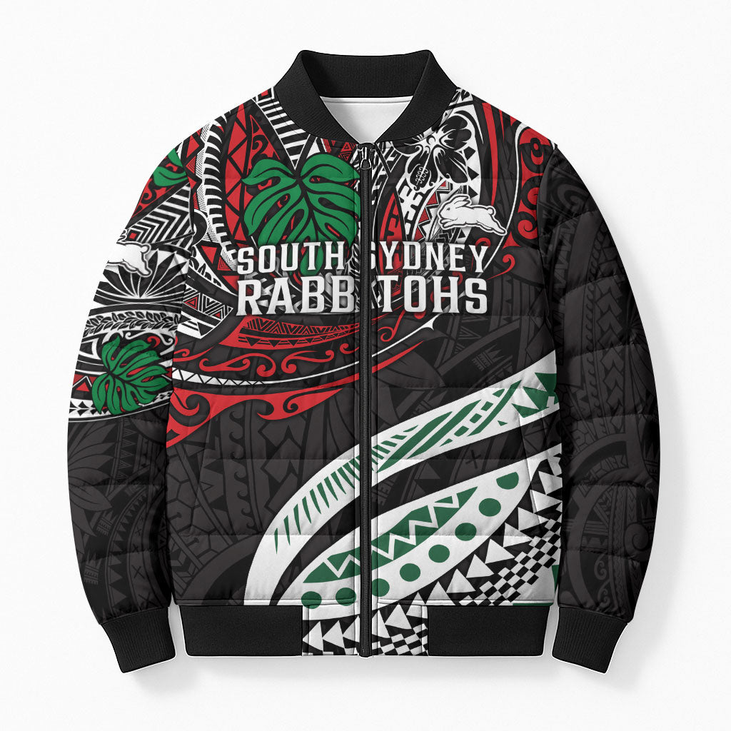 Personalised South Sydney Rabbitohs Bomber Puffer Jacket Polynesian Tribal Art Style With Powerful Rabbit Mascot
