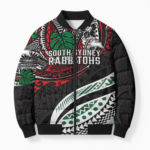 Personalised South Sydney Rabbitohs Bomber Puffer Jacket Polynesian Tribal Art Style With Powerful Rabbit Mascot