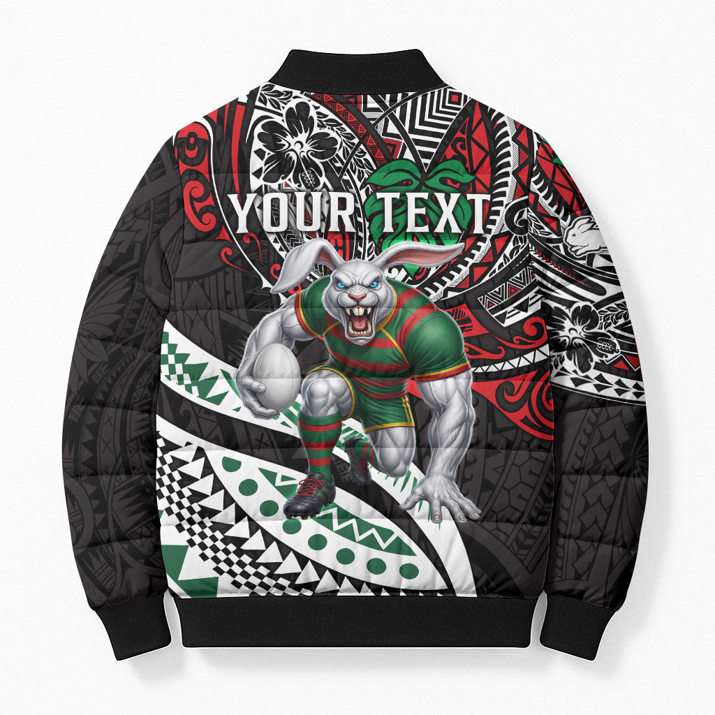Personalised South Sydney Rabbitohs Bomber Puffer Jacket Polynesian Tribal Art Style With Powerful Rabbit Mascot