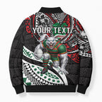 Personalised South Sydney Rabbitohs Bomber Puffer Jacket Polynesian Tribal Art Style With Powerful Rabbit Mascot